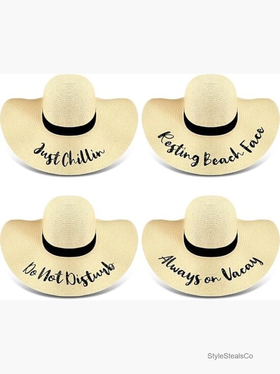 4 Pack Foldable Straw Sun Hats with Embroidered Sayings Travel Beach Hats